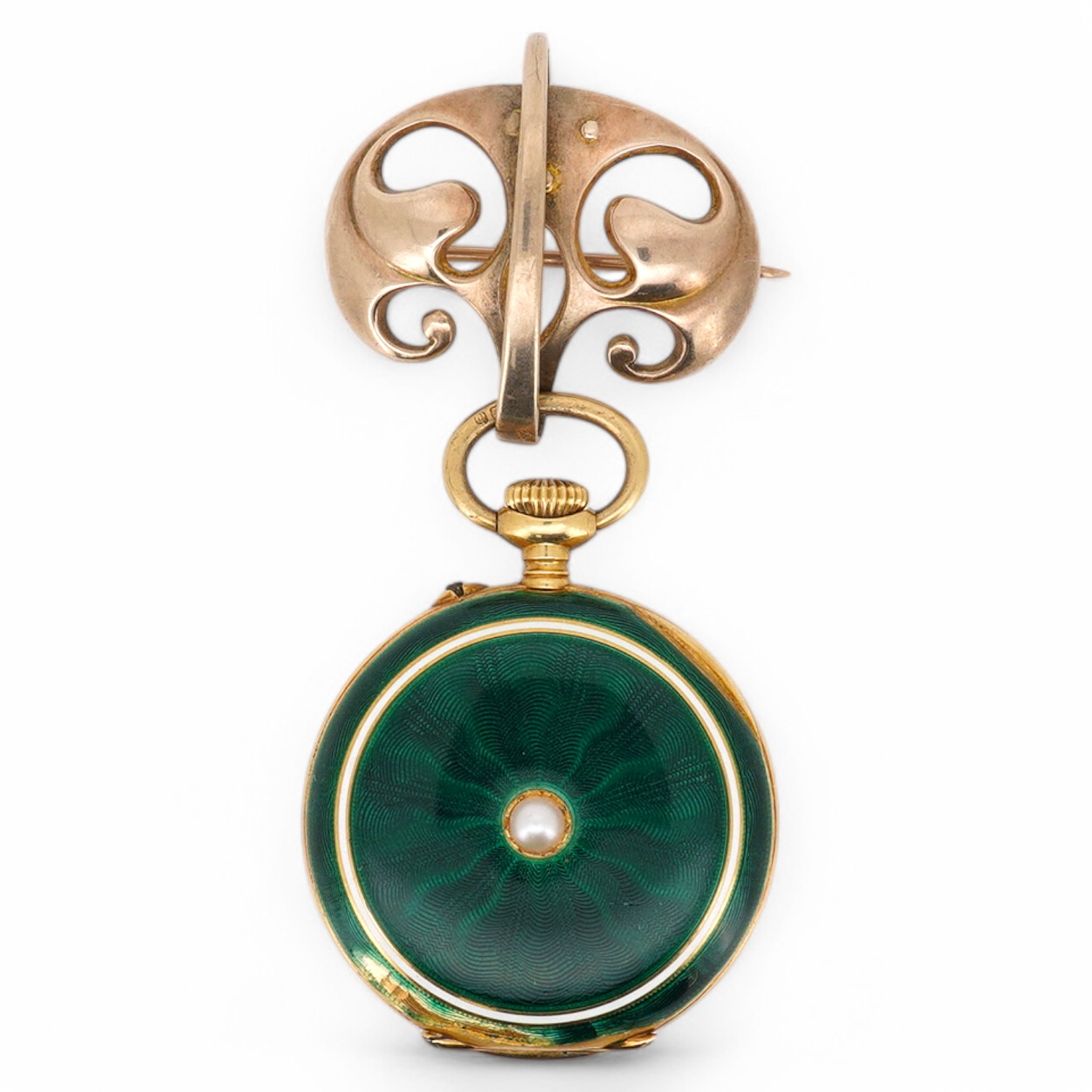 An early 20th century 18ct gold and two colour enamel open faced fob watch(enamel a.f.), with Arabic dial, case diameter 27mm, suspended from a Murrle Bennett & Co 9ct brooch. Condition - poor to fair